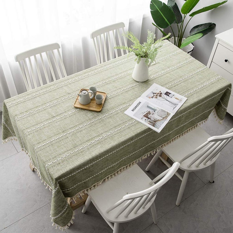 Pahajim Linen Tablecloth Rustic Rectangle Table Cloth Cotton Striped Tassels Tablecloths for Kitchen Dining Table Cover Rectangle/Oblong,55''x79'', 4-6 Seats - Image 1